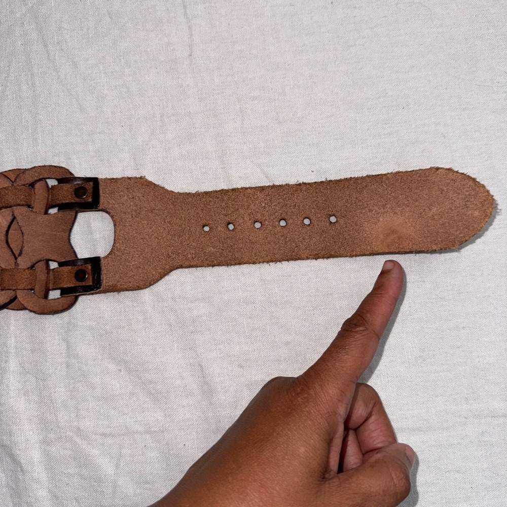 Vintage Y2K Hip Slung Waist Belt M Boho Chocolate Brown Woven Leather Adjustable - Picture 4 of 7